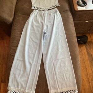 SHEIN Blue Wide Leg Pants with Lace Trim